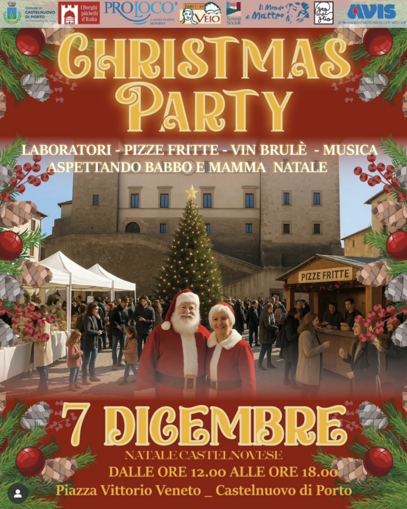 Locandina del Christmas Party di Castelnuovo di Porto, evento del 7 dicembre in Piazza Vittorio Veneto.